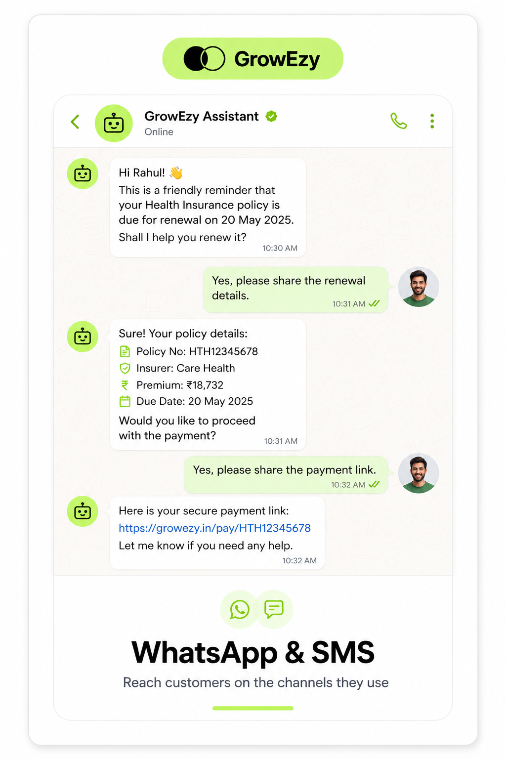GrowEzy WhatsApp and SMS — reach customers on the channels they use